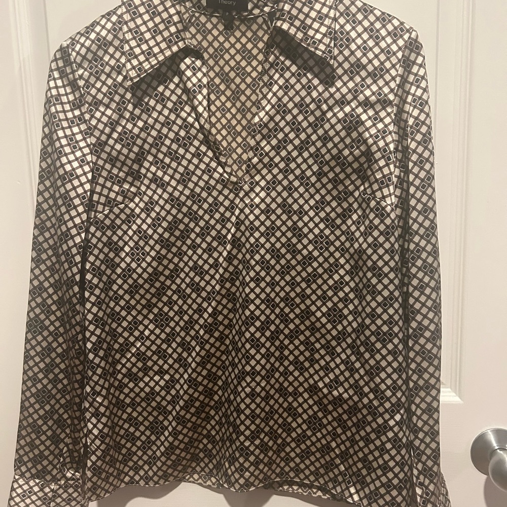 Theory Black and Cream Geometric blouse